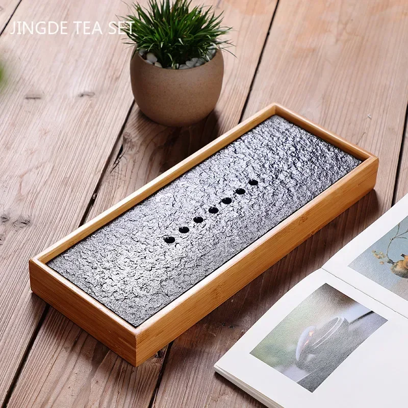 Natural Bamboo Double Layer Black Stone Tea Tray Rectangular Water Storage Small Tea Tray Chinese Tea Ceremony Accessories