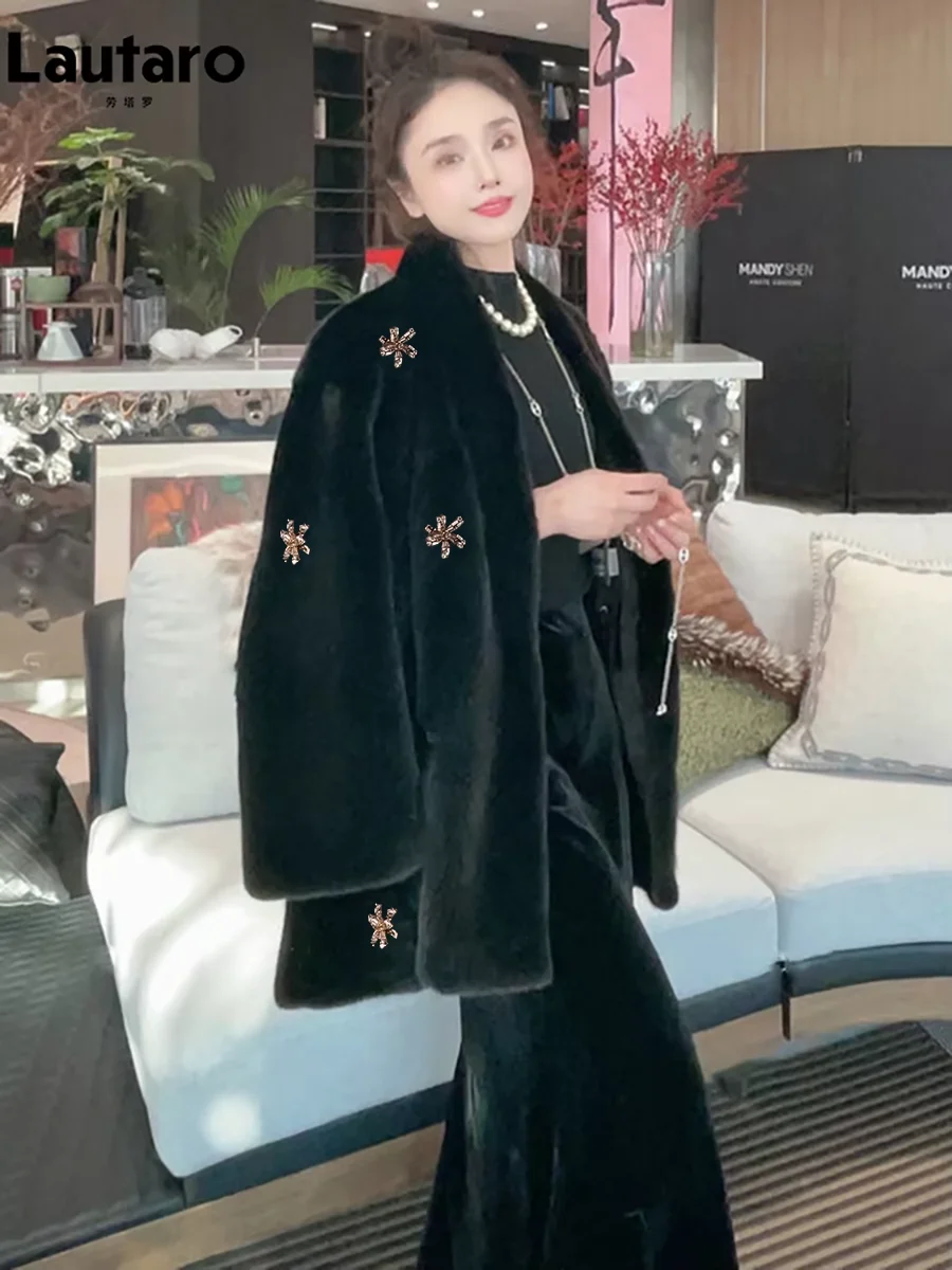 Lautaro Autumn Winter Black Thick Warm Faux Mink Fur Coat Women with Deep V Neck Decoration Elegant Luxury Fluffy Jacket 2026