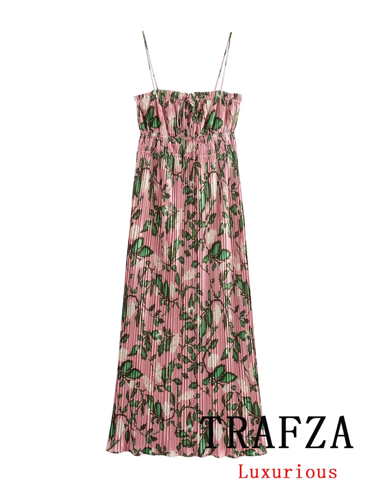 TRAFZA Vintage Casual Chic Women Dress Printing Cami Draped Long Straight Vestidos Fashion 2024 Summer Female Dress