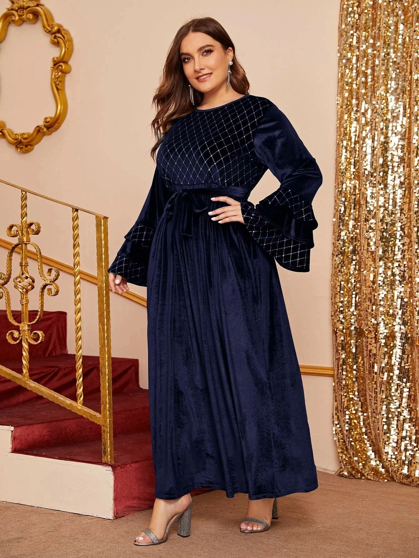 Muslim women loose plus size casual women winter dress large size printed long sleeve round neck A-line party dress