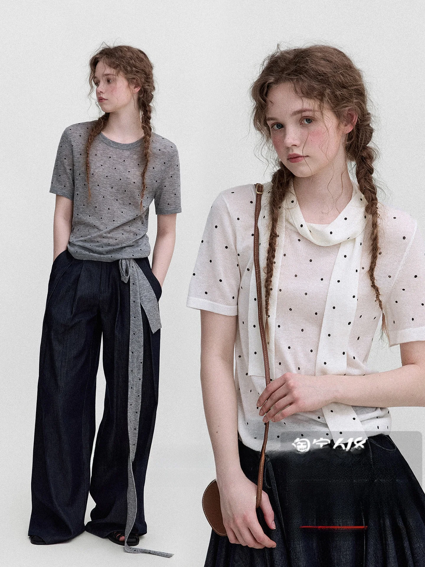 

Breathable Knitted Short Sleeve T-Shirt Women's Soft Retro Polka Dot Merino Wool Casual round Neck Top Summer Commute Style