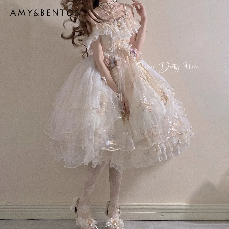 エレガントなフェアリースタイルロリータドレス甘いかわいいリボンビーズパールストラップ JSK ハイウエストスリムミッドレングスドレスイブニングドレス