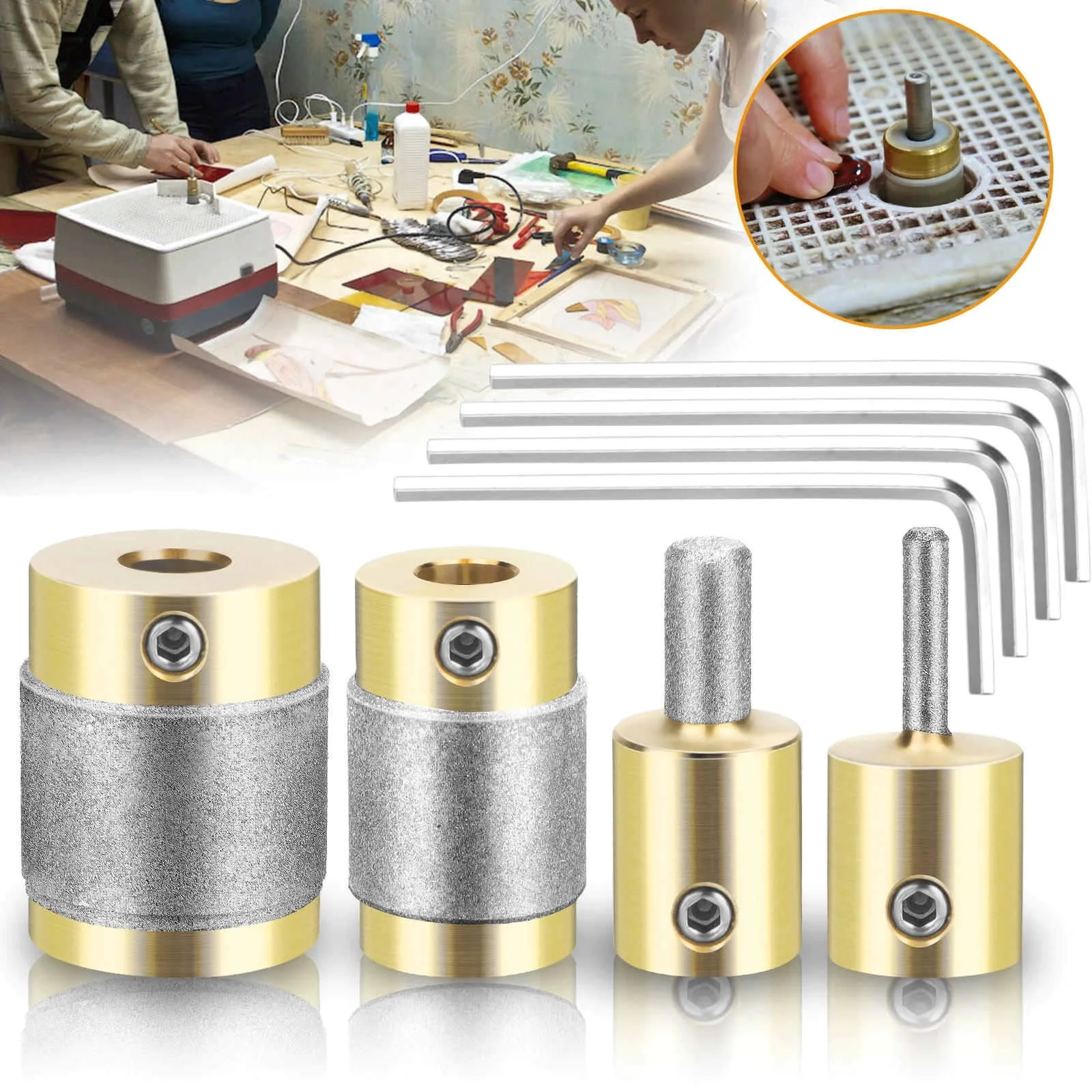 4Pcs Diamond Grinder Bit Set 1" 3/4" 1/4" 1/8", Brass Core Stained Glass Head Tools with 4 Allen Wrenches