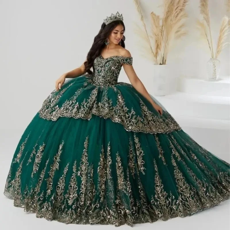 

Blackish Green Quinceanera Dresses Ball Gown Birthday Gowns Gold Lace Appliques Tull Corset Sweet 16 Dress vestidos 15 De