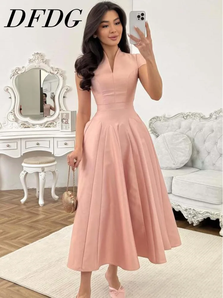 

DFDG Women's Spring Summer V Neck Fitted Flared Midi Dress Elegant Formal Party Wear 2026 Trendy Feminine Fashion Outfit Dress