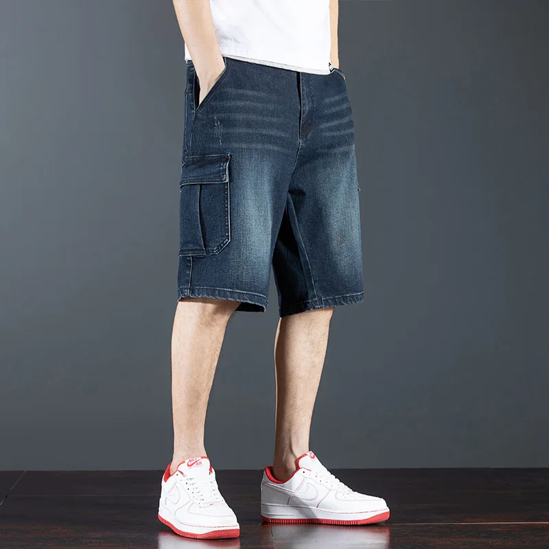 New summer 2025 Dark blue workwear multi-pocket denim shorts men Fashionable casual loose men's denim shorts Large size 28-44