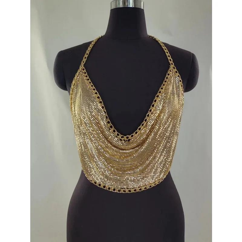 Damen-Top aus goldenem Metallnetz mit Ketten-Halterneck, drapiertem U-Ausschnitt, rückenfreiem Crop-Top und verstellbarem Ketten-Body-Harness für Party, Rave und Festival – Detail 2