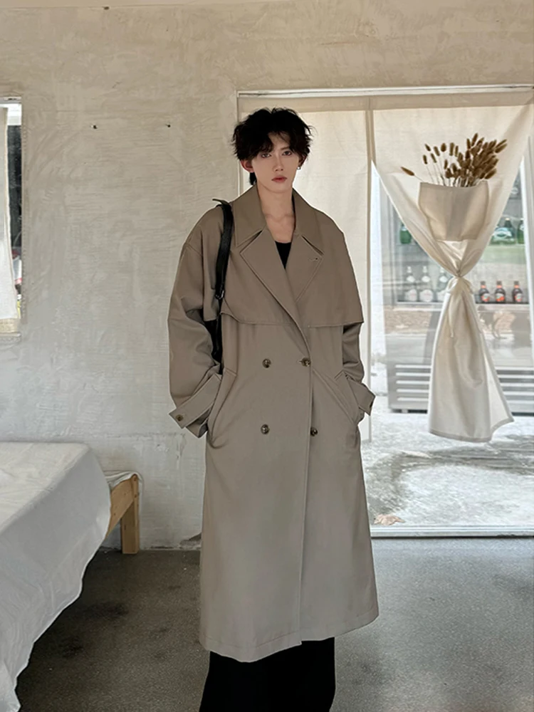 

Korean Sle Hepburn Windbreaker Men's Spring Autumn Khaki Long Coat Haome Notch Lapel Suit Jaet Loose Fit Polyester Fiber