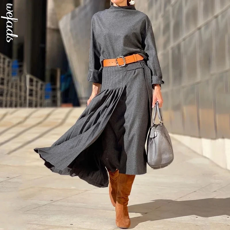 

Wefads 2 Piece Set Women Autumn Fashion Solid Round Neck Long Sleeve Pullover Top Loose Pleated Irregular Skirt Sets Streetwear