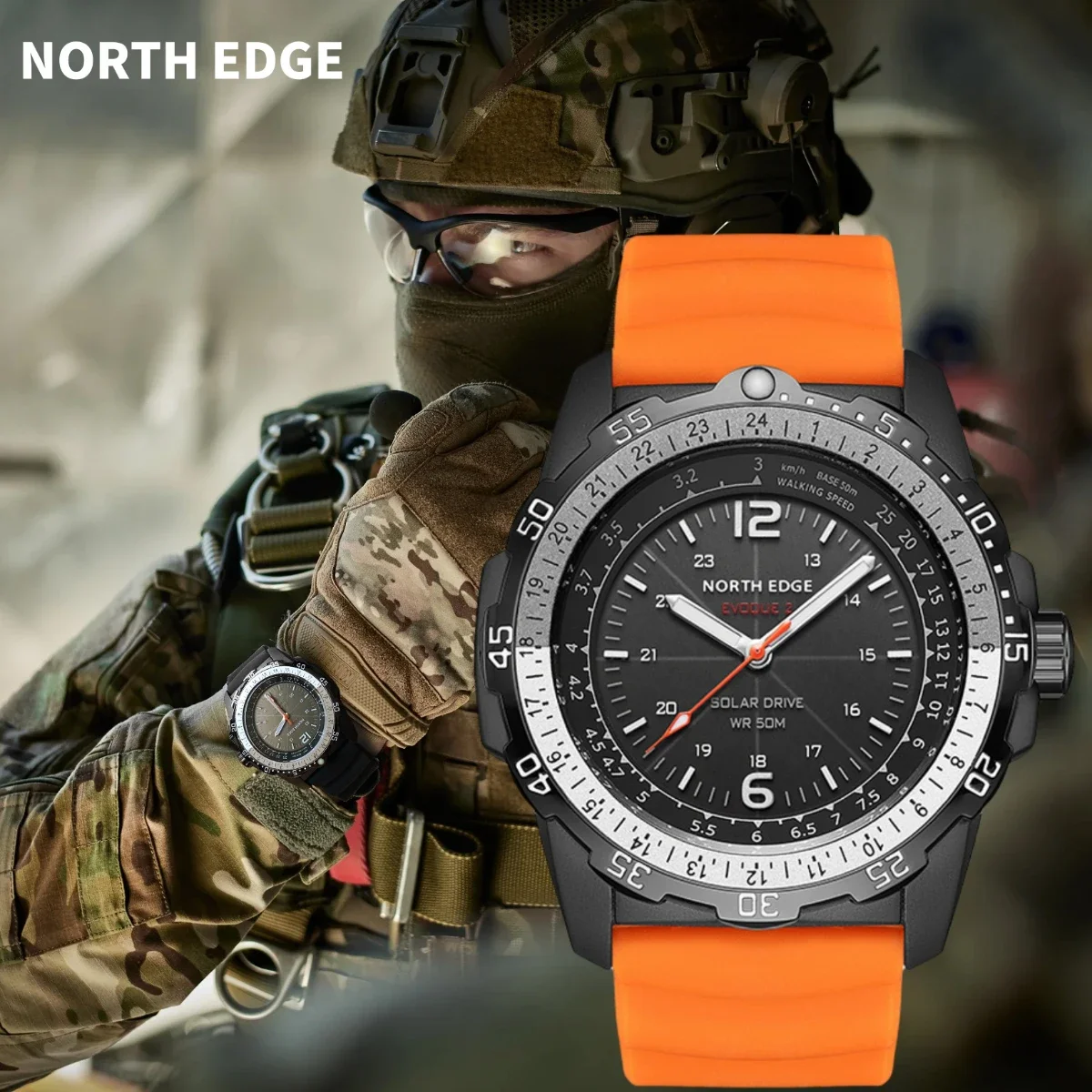

NORTH EDGE Evoque2 Solar Sport Men's Watch Silicone Strap Tachometer Chronograph Rotating Ring Waterproof Watches for Men Часы