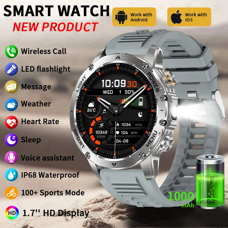 

Smart Robust Watches 1000mAh Battery 24H Health Monitor Sports Tracker Bluetooth Call IP68 Waterproof Flashlight Men Smartwatch