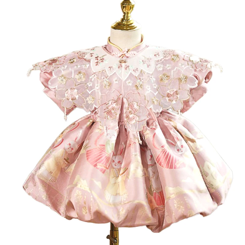 Girl's Pink Bunny Birthday Party Dress Jacquard Satin Two Way Wear Bubble Gown with Detachable Shawl for 1-10Y Kids Chinese