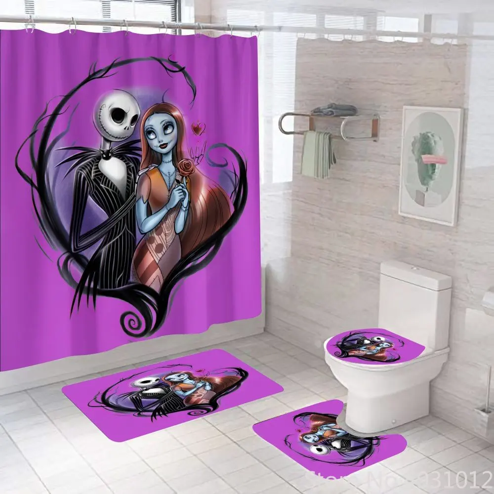 Anime Nightmares Before Christmas Shower Curtain Set 4pcs For Bathroom Waterproof Jack and Sally Bath Curtains Decoration