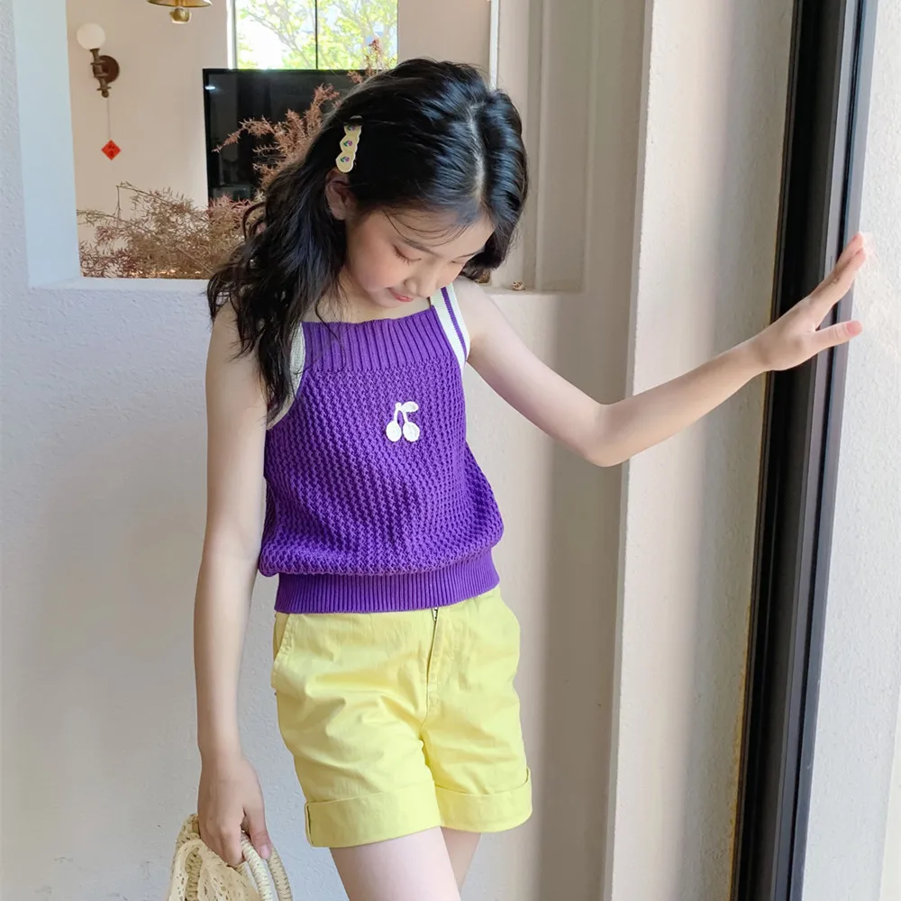 2026 kids clothing kids girls clothes Cherry patterned purple knitted vest Summer girls' tops Girl's sleeveless camisole