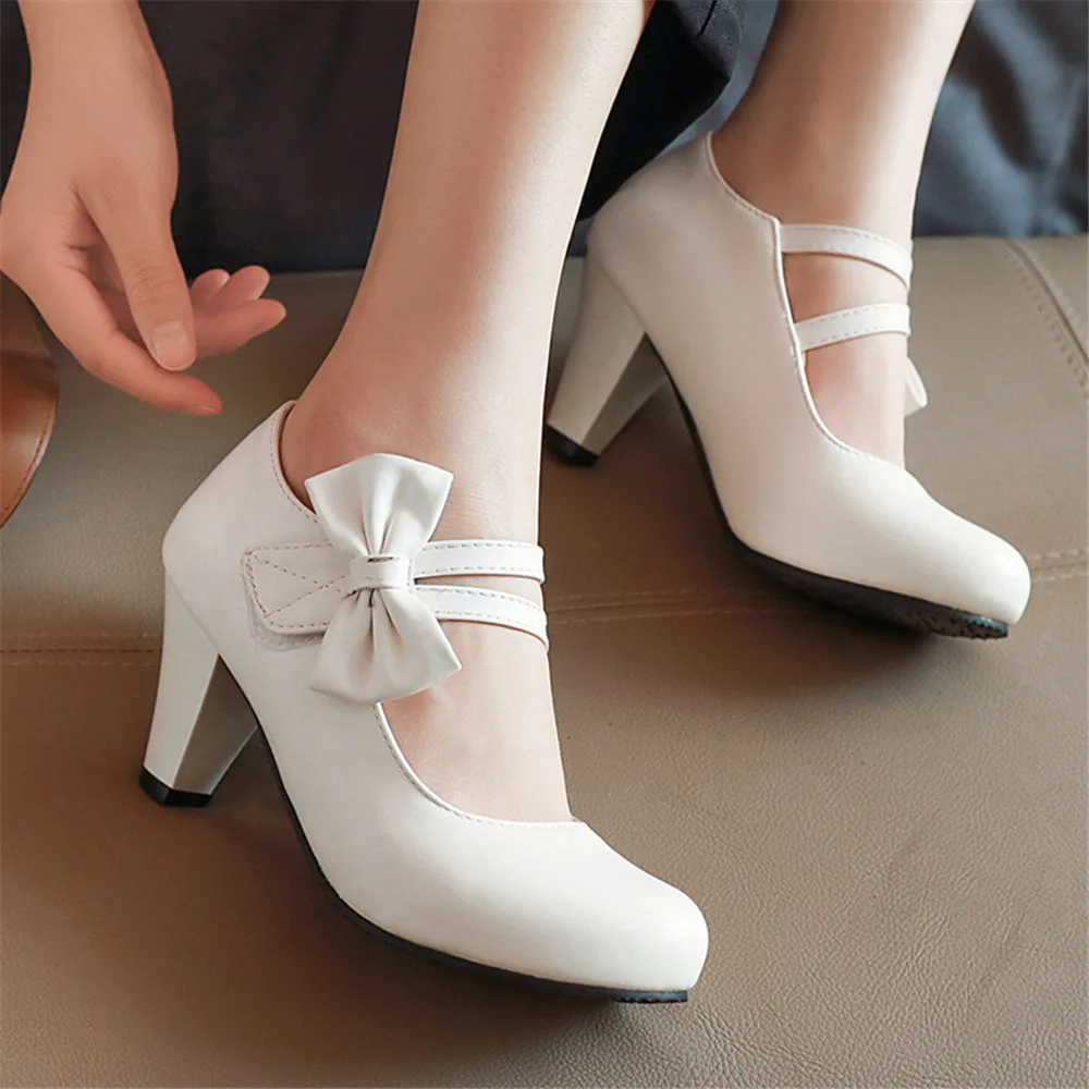 Spring Women High Heels Ankle Strap Mary Jane Pumps Party Wedding Cosplay White Red Black Bow Princess Lolita Shoes Size 34-46