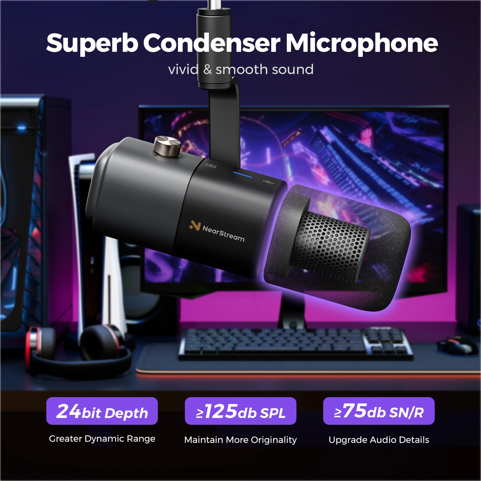 NearStream USB XLR Condenser Mic Boom Arm Plug-and-Play Professional Microphone pc for Streaming Podcast Studio set Recording