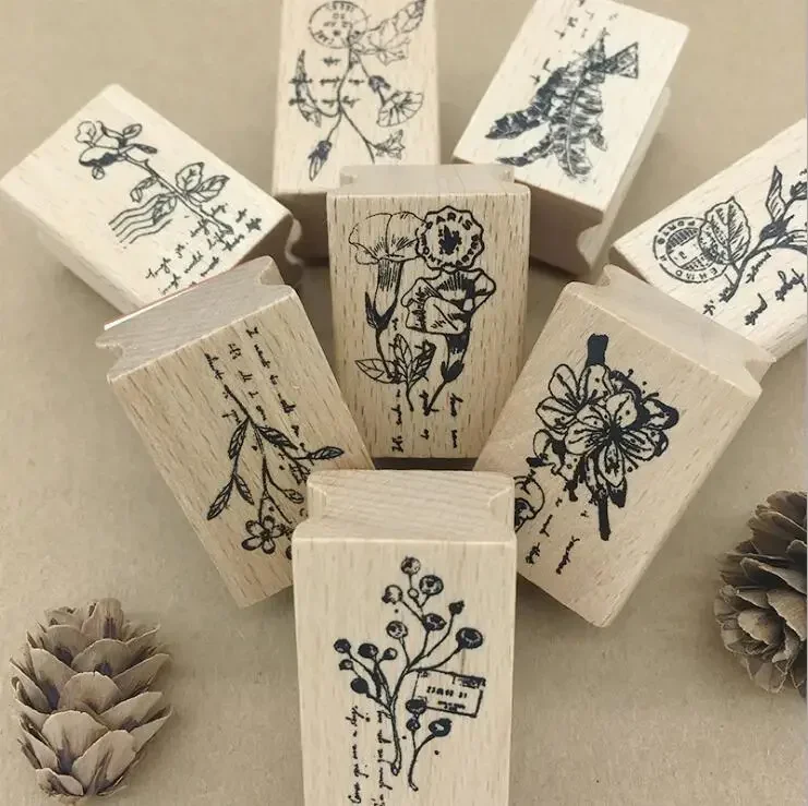 1pcs/lot 9 Kinds Of Plant Flowers Vintage Wooden Painting Cards Decor For Scrapbooking DIY Mini Cute Stamp