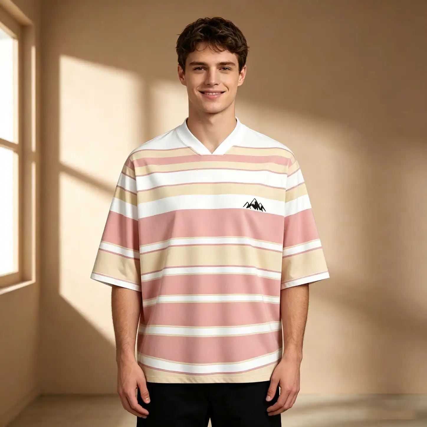 Summer Men Retro Pink Stripe Mountain Logo Print Oversized V Neck Elbow Sleeve Tee, Casual Loose Fit