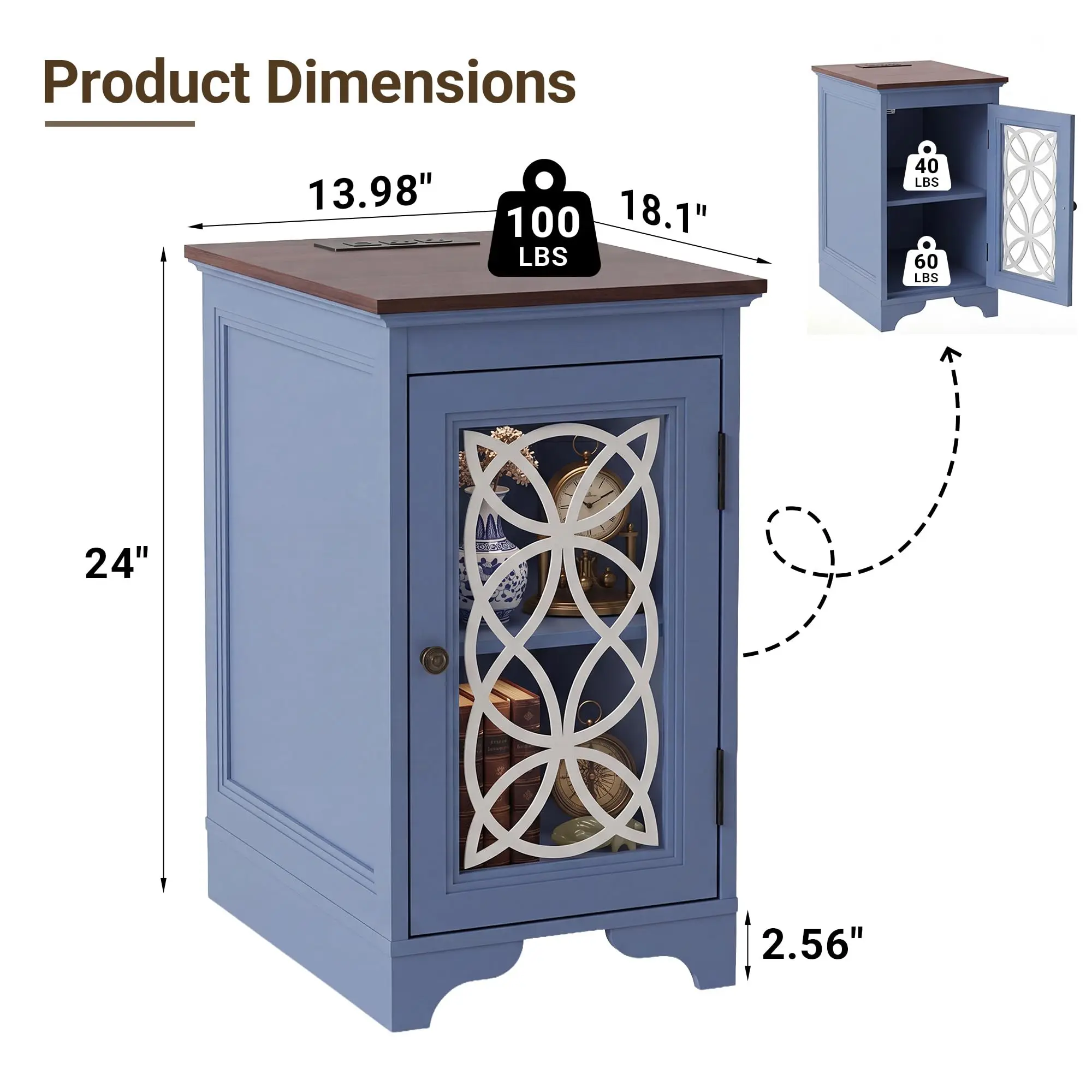 Narrow End Table with Charging Station Set of 2,Farmhouse Night Stand with Printed Glass Door & Adjustable Shelf,Wooden