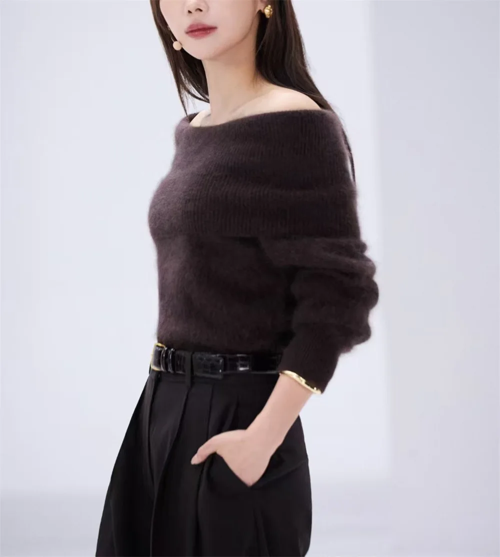 2026 Autumn Winter New Women Niche Solid Color Off Shoulder Cuff Trim Knit Sweater, Mohair Cold Shoulder Long Sleeve Top