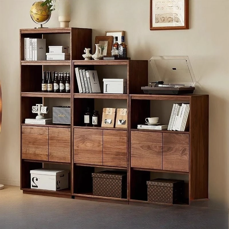 North American black walnut all-solid wood bookcase, Nordic floor-to-ceiling home bookshelf with door, free combination storage