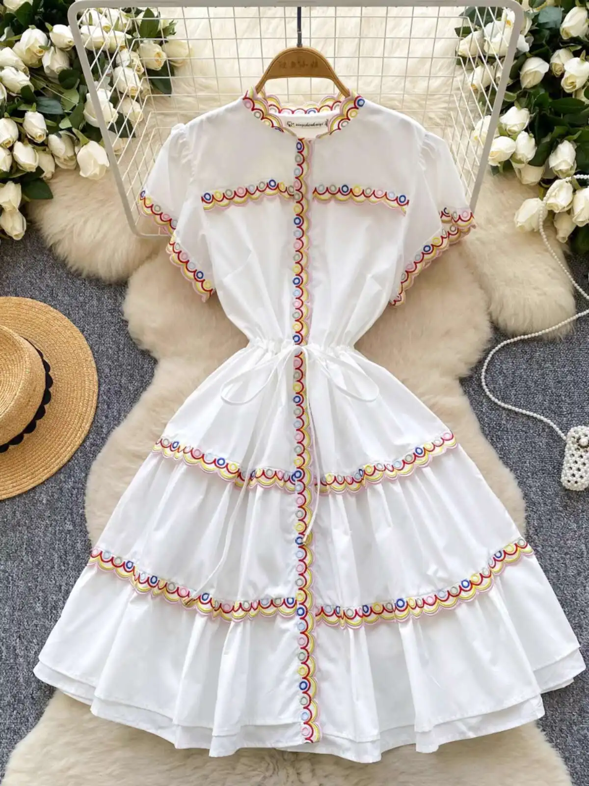 

Elegant National Trench Short Sleeve Patchwork Loose Elastic Waist Lace Belt Knee Length Casual Summer Dresses Women