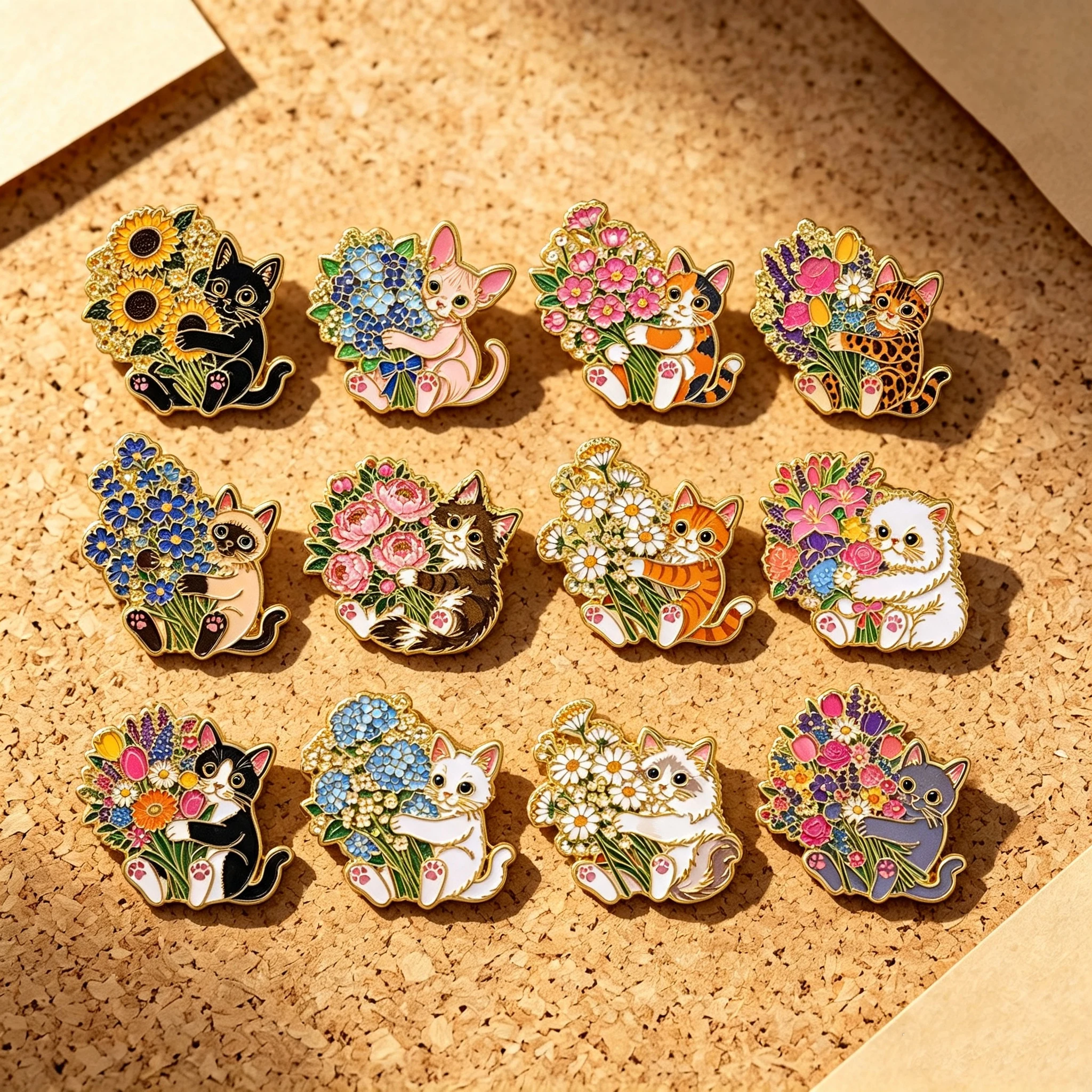 12pcs/Set Flower Bouquet Cat Enamel Pin Colorful Mixed Cat Brooches Badges on Backpack Brooch for Clothes Jewelry Pet Lover Gift