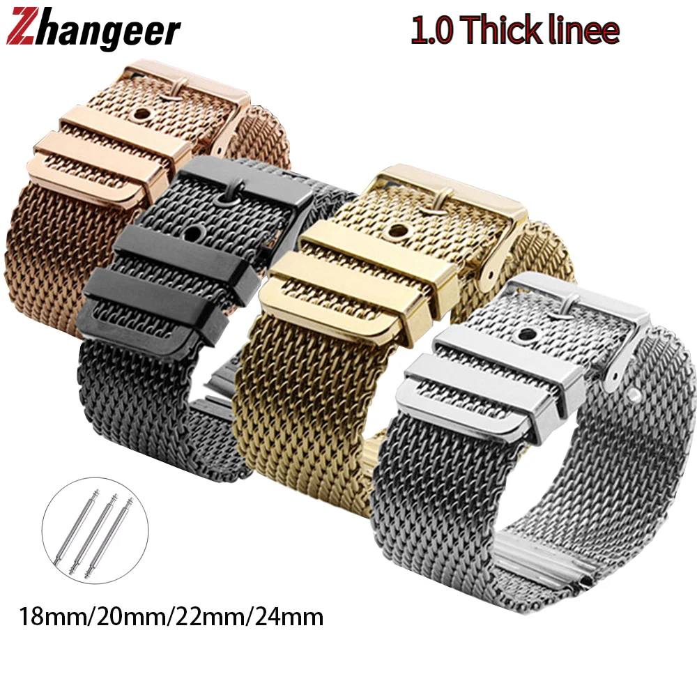 18mm 20mm 22mm 24mm 1.0 Thick line Stainless Steel Wrist Band Strap Universal Men Women Mesh Milanese Bracelet Accessories