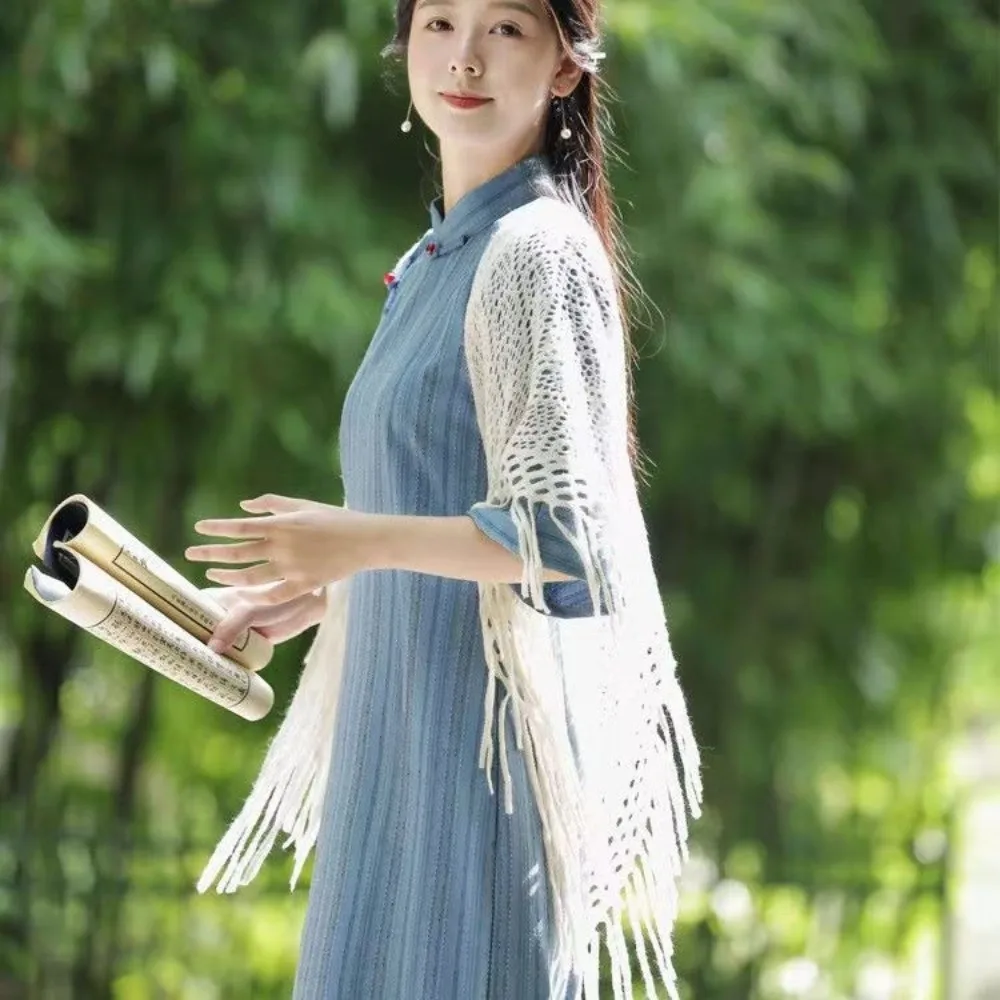 

Креативные однотонные женские шали с ажурным цветочным узором и бахромой, ручной работы, аксессуары для чонсама, накидки для вечеринок и ужинов