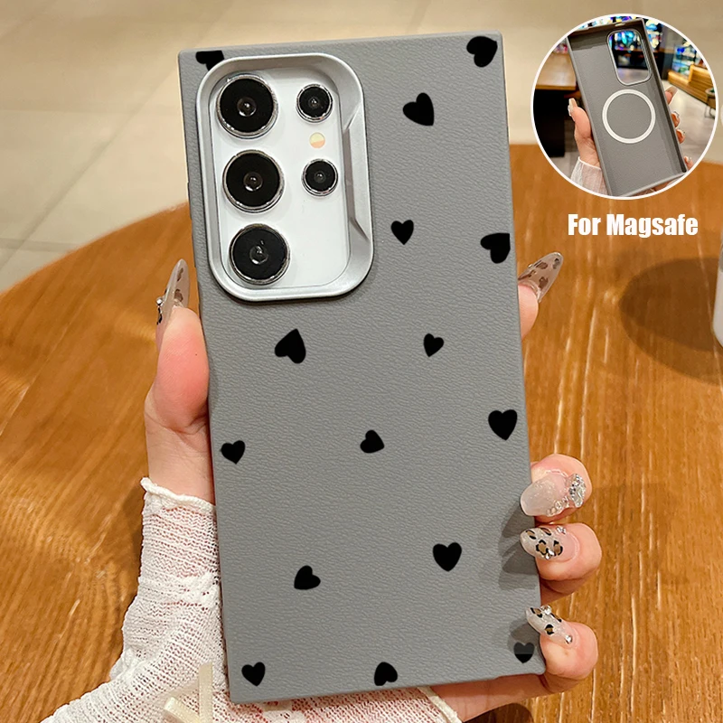 Leather Texture Magnetic Case For Magsafe For Samsung Galaxy S24 S23 S22 Ultra Plus S24 FE Small Love Heart Pattern Soft Cover