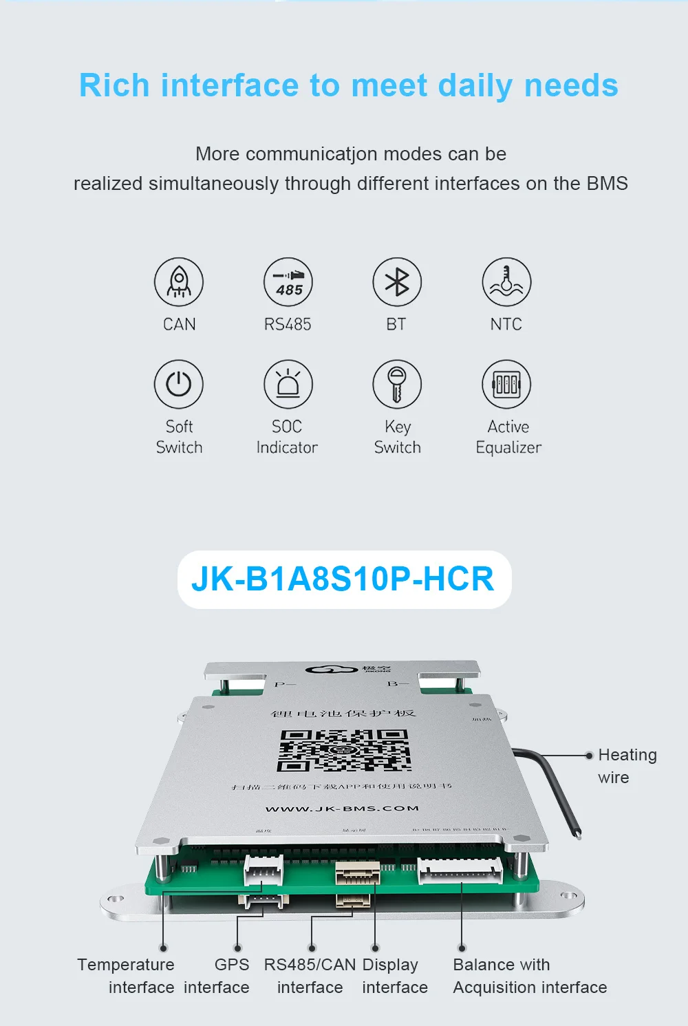 JIKONG JK BMS B1A8S10P BMS HEAT CANBUS RS485 4S 5S 6S 7S 8S 12V 24V Batterie mit 1A aktivem Balancer BMS für LiFePO4 Li-Ion LTO 18650 – Detail 7