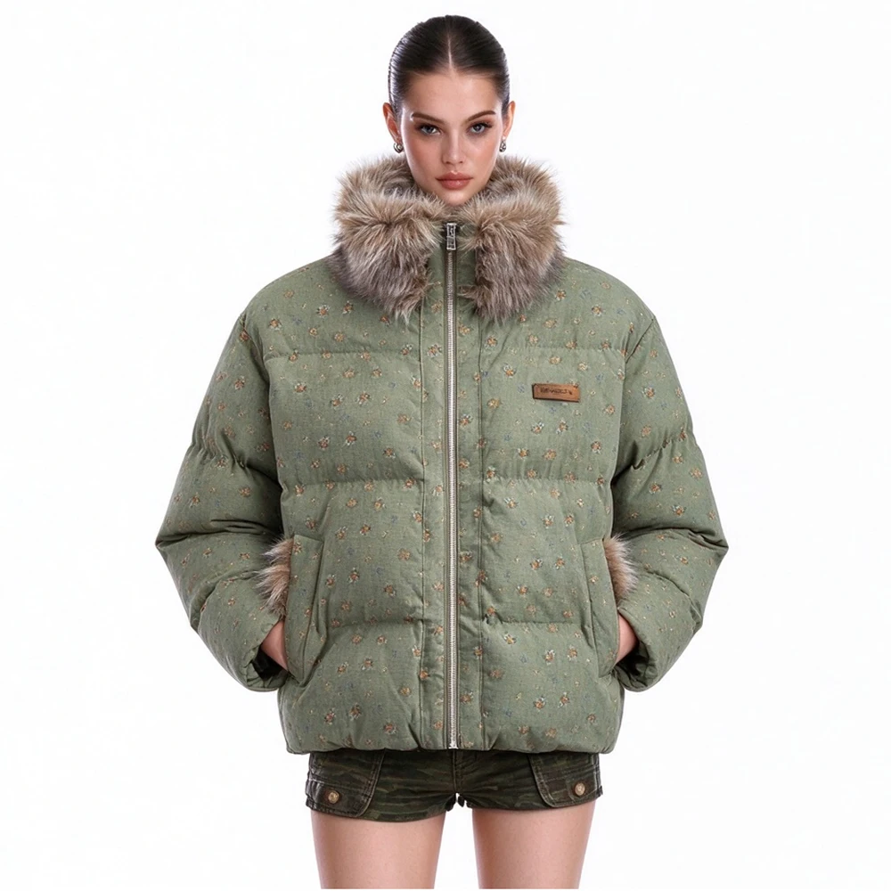 Women's Winter Down Jacket with Fur Collar Army Green Loose Fit Warm Slimming Short Puffer Coat Versatile Outdoor Puffer Jacket