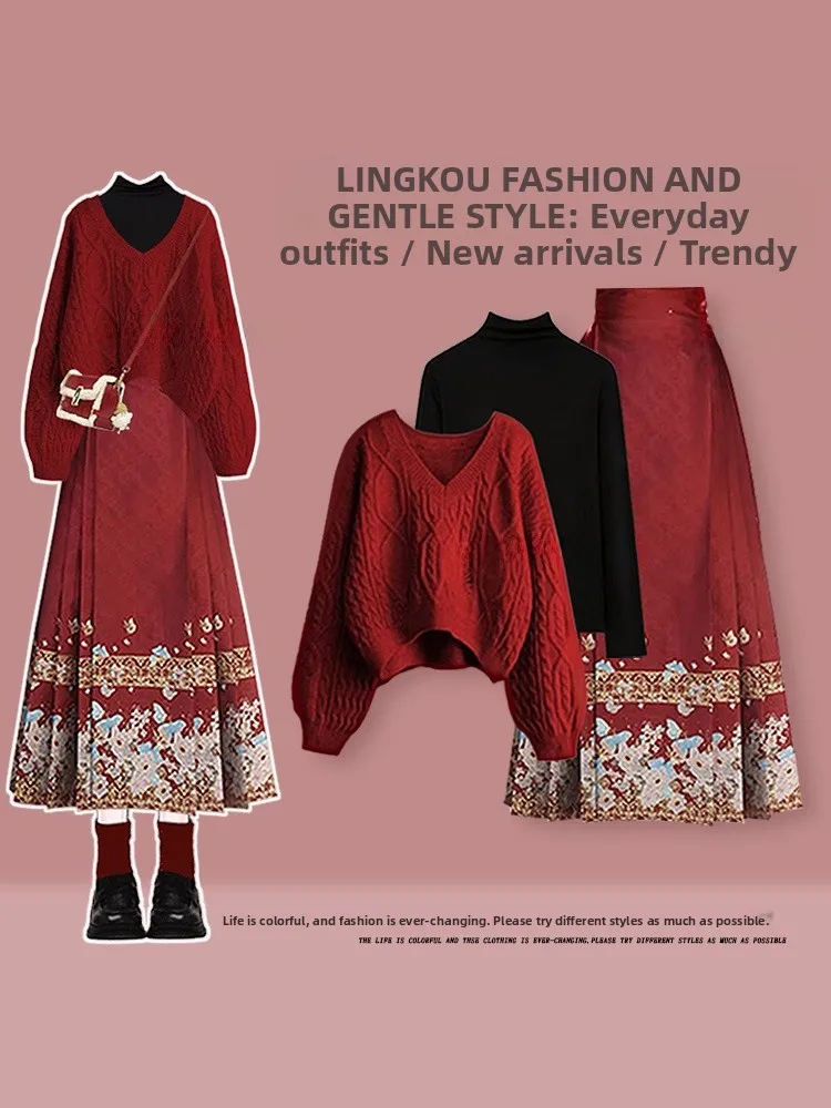 

Ele plus Size Spring Knitted Sweater Set Women's Anti-Aging Casual Sle Base irt Match Traditional Chinese Skirt Tee...