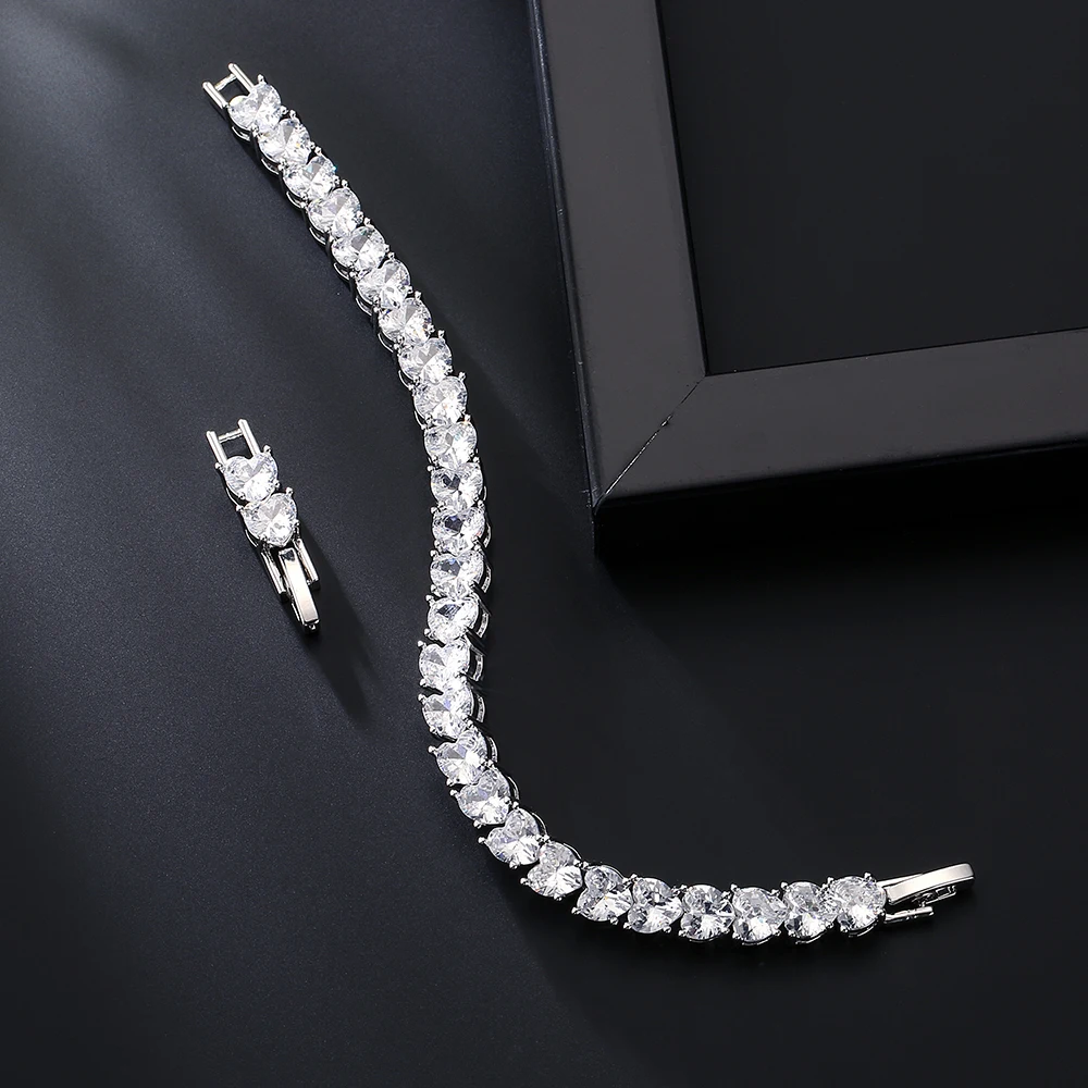 ZAKOL Fashion Geometry Cubic Zirconia Heart Chain Bracelets for Women Luxury Silver Color Bridal Wedding Dress Jewelry