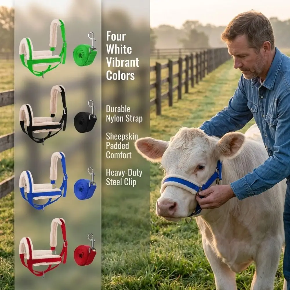 Plush Nylon Cow Halter Fleece-lined with Long Lead Rope Halter Lead Rope Set Durable Comfortable Animal Training Harness