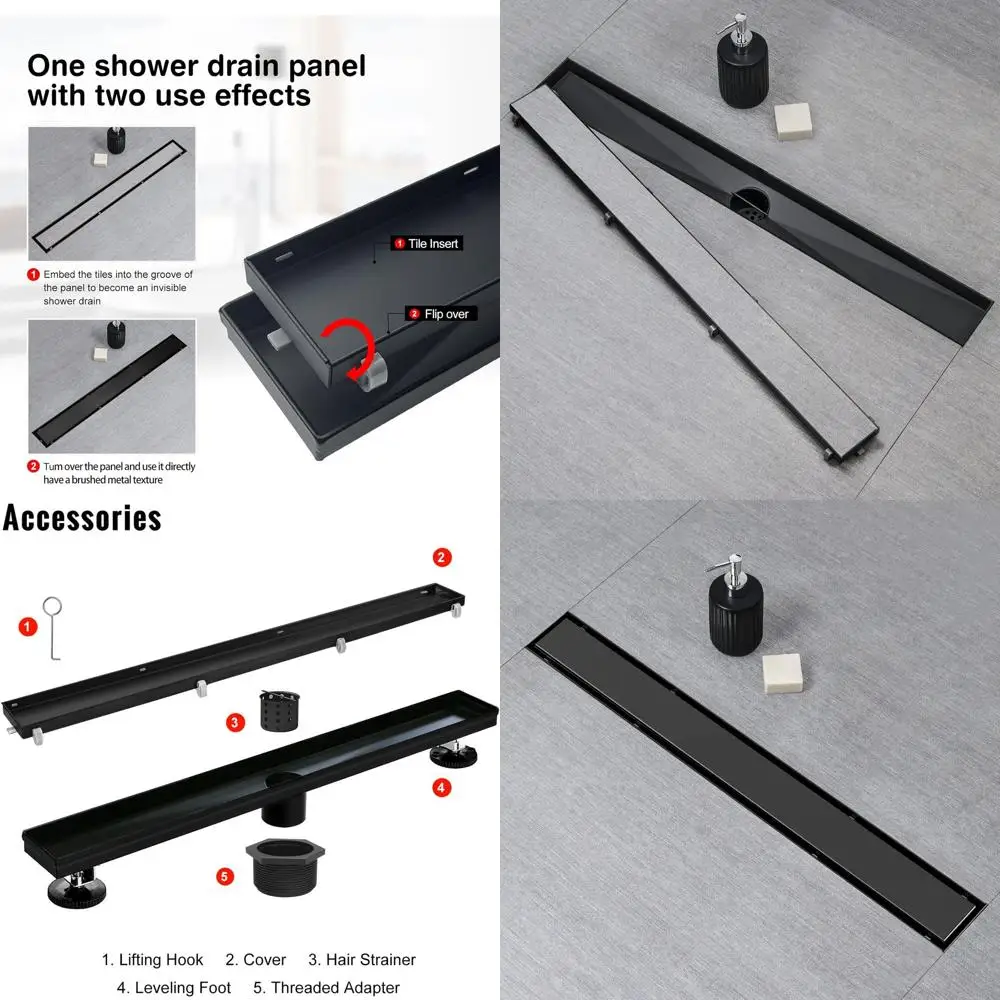 

40 Dual-Purpose Black Linear Drain with 304 Stainless Steel, Flat and Tile Insert, Hair Strainer, and Leveling Feet