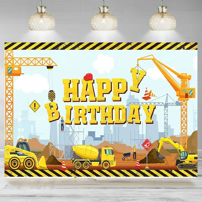 

Construction Birthday Backdrop Dump Truck Excavator Crane Party Banner Digger Excavator Truck Background Photography Banner