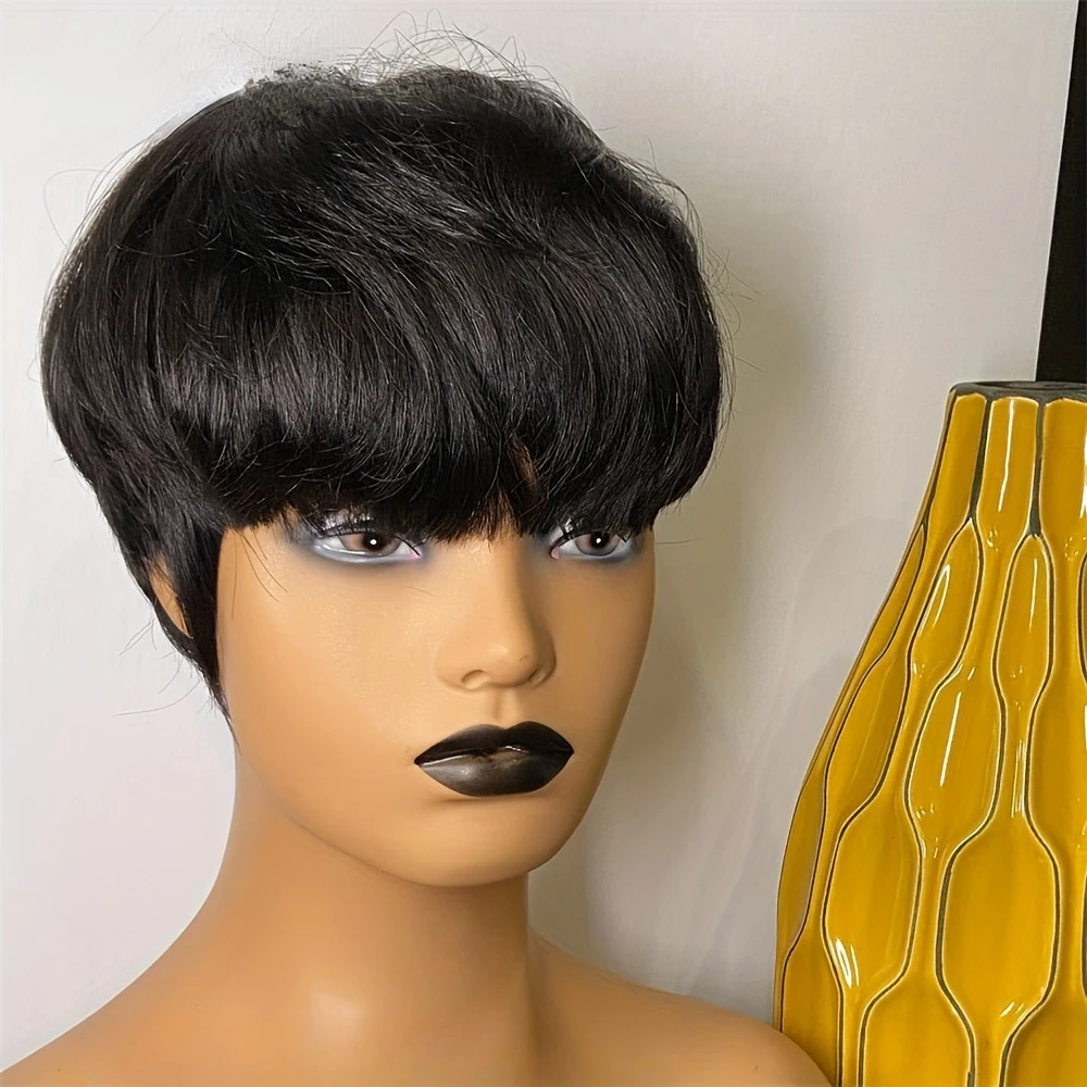 4 # 99J/1Bカラーのピクシーカットストレート人毛ウィッグ、女性用フルマシンメイドウィッグ、ショートレイヤードストレートウィッグ（前髪付き）
