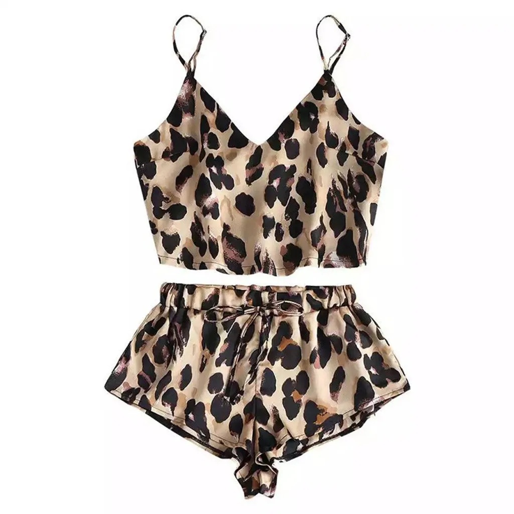 

Women Sexy Leopard Print Pajamas Set Top And Shorts Satin Silk Sleepwear Sexy Lingerie For Women Summer Sleeveless Sexy Pajamas