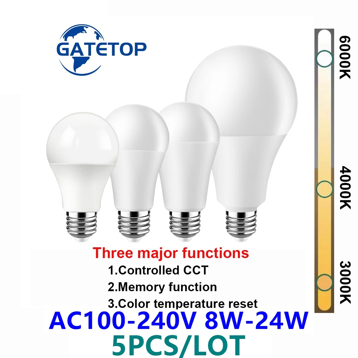 LED Color-adjusted Bulb 5PCS E27 B22 AC120V/AC220V 8W-24W CCT,Memory Function,Color Temp Reset Light for Home, office Lighting