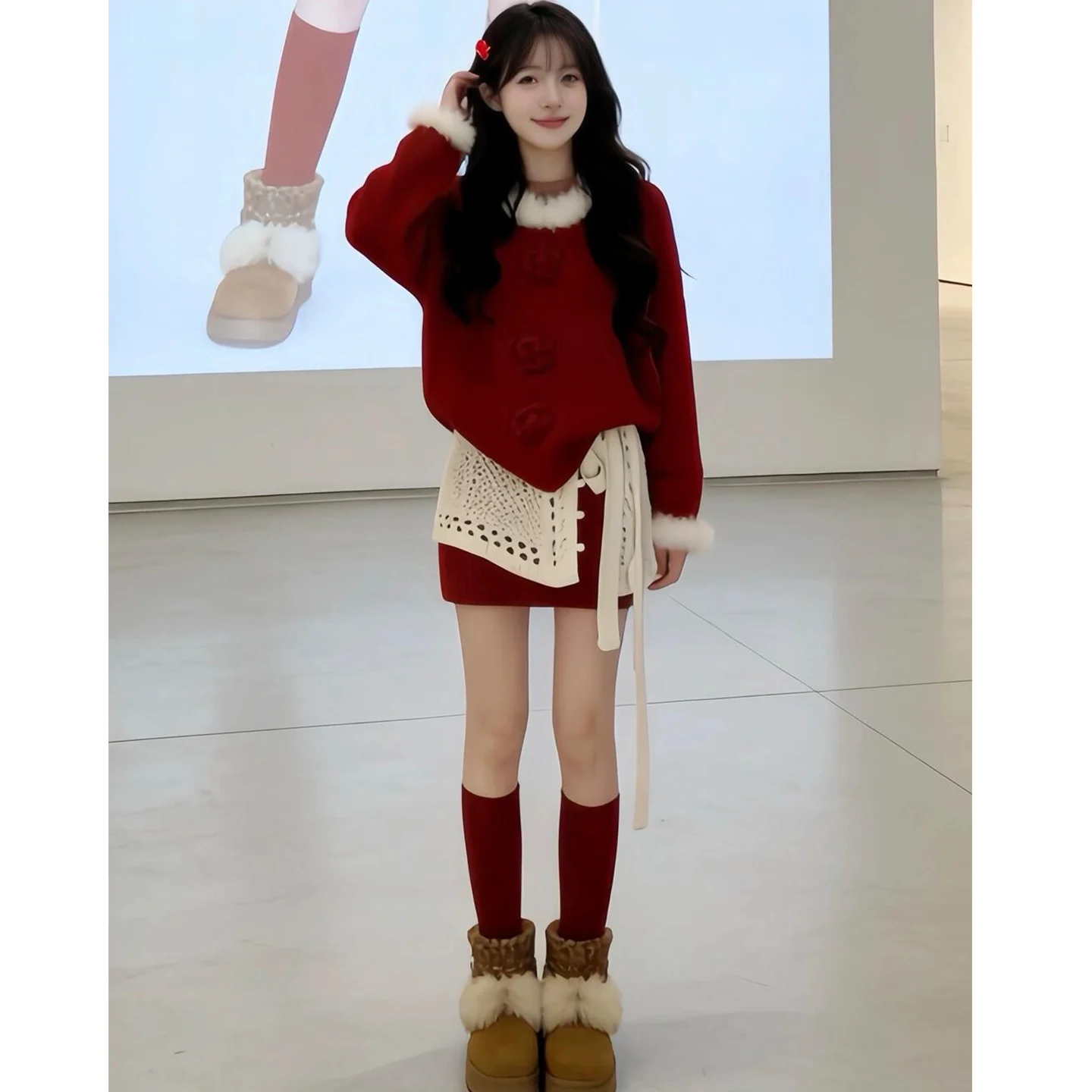 Original High Quality New Year Outfit Set Gentle Red Top Half Skirt Anti-Aging Whole Set Casual Sportswear for Women