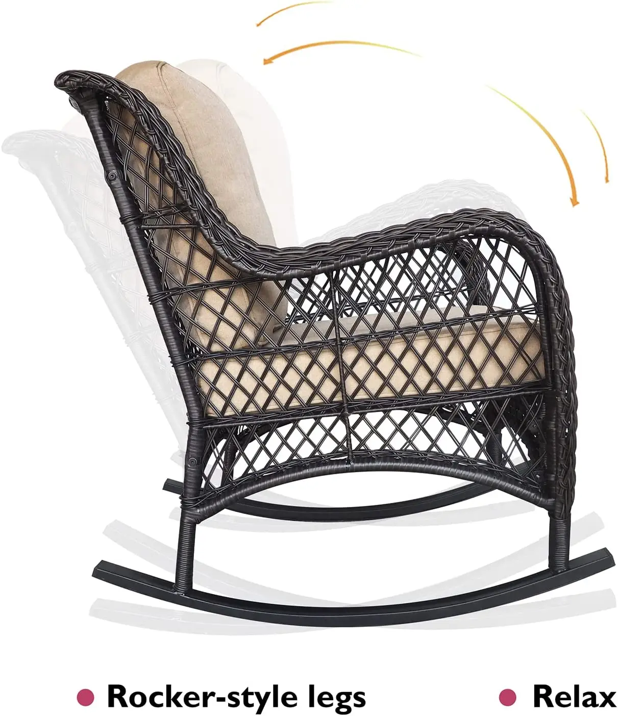 Outdoor Resina Wicker Cadeira de balanço com Olefin Almofadas, Pátio Quintal Móveis Club Rocker Chair, Black Wicker & Almofadas Khaki