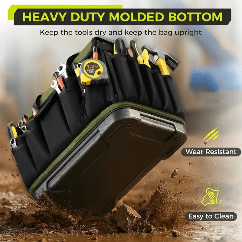 Dad Gift Heavy Duty 46 Pocket 1680D Tear Proof Tool Backpack 16 Inch Large Capacity Electrician Mechanic Tool Bag Hard Bottom Green Toolbox Organizer for HVAC Contractor Carpenter Handyman