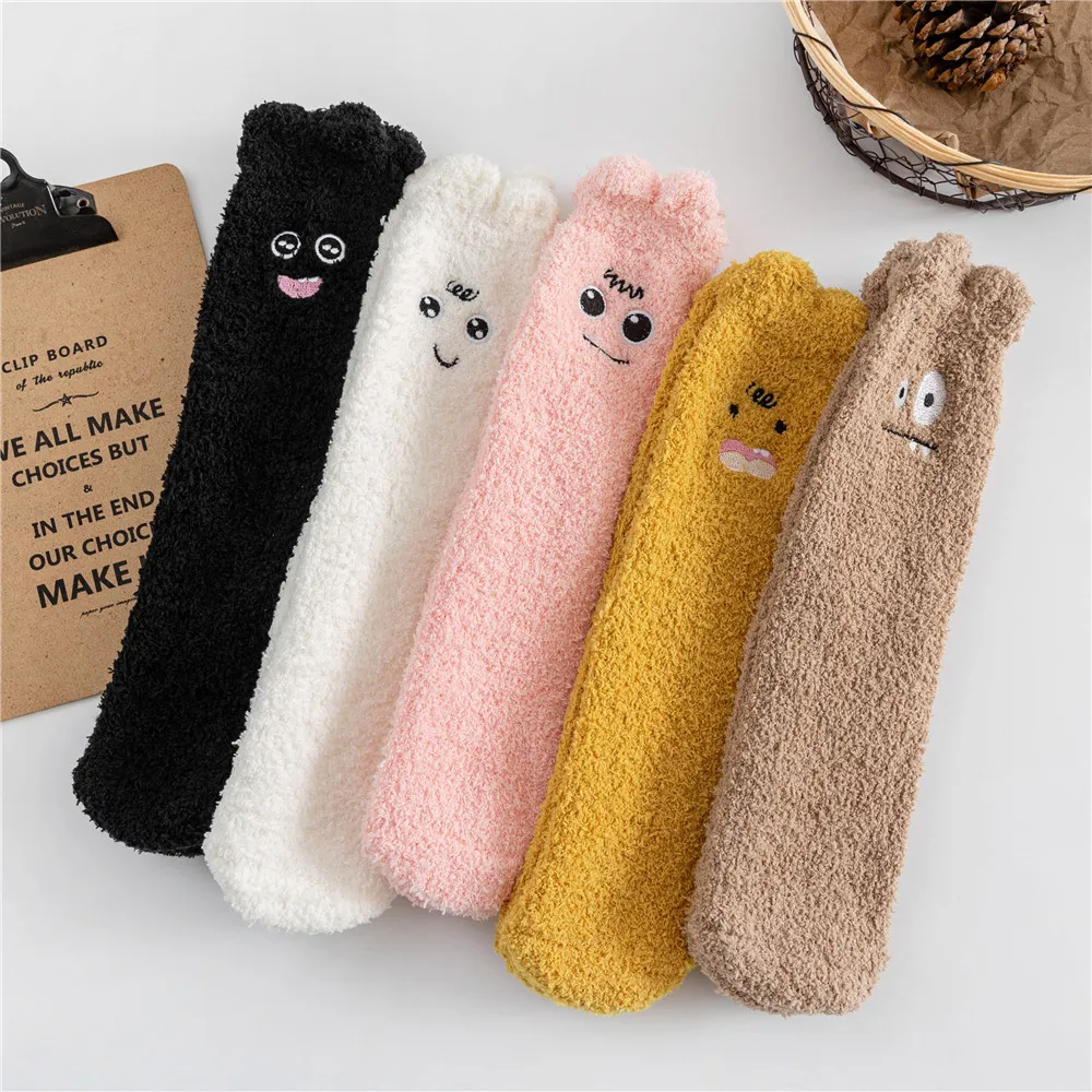 

1PR Coral Fleece Socks Female Winter Extra Thick No Hair Shedding Home Sleeping Socks Tulip Thermal Middle Tube Room Socks