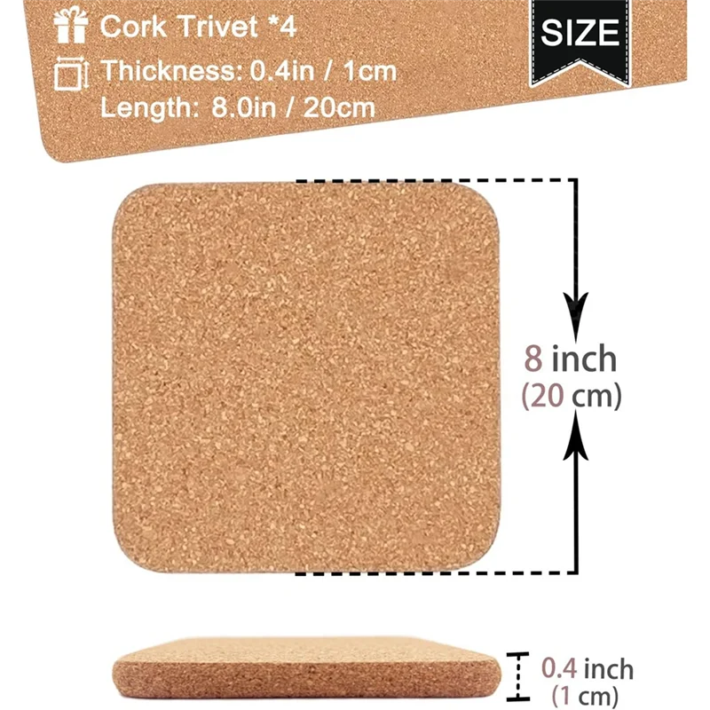 LDHL High Density Thick Square Cork Pad for Hot Dishes, 8 Inch Heat Resistant Multifunction Cork Coaster, Cork Hot Pads