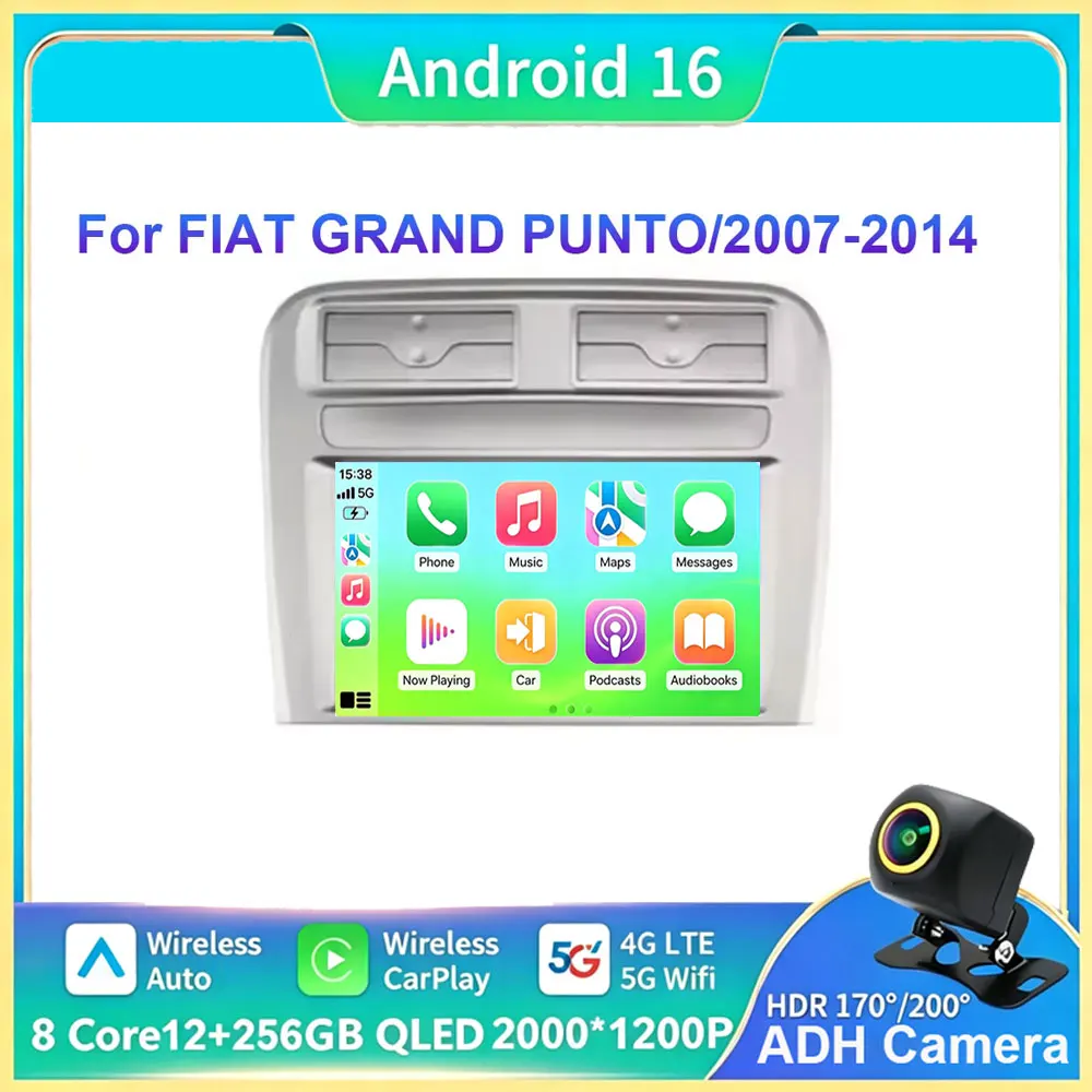 Android 16 For FIAT GRAND PUNTO/2007-2014 Car Radio Multimedia Video Player Navigation GPS Auto Carplay QLED Touch Screen
