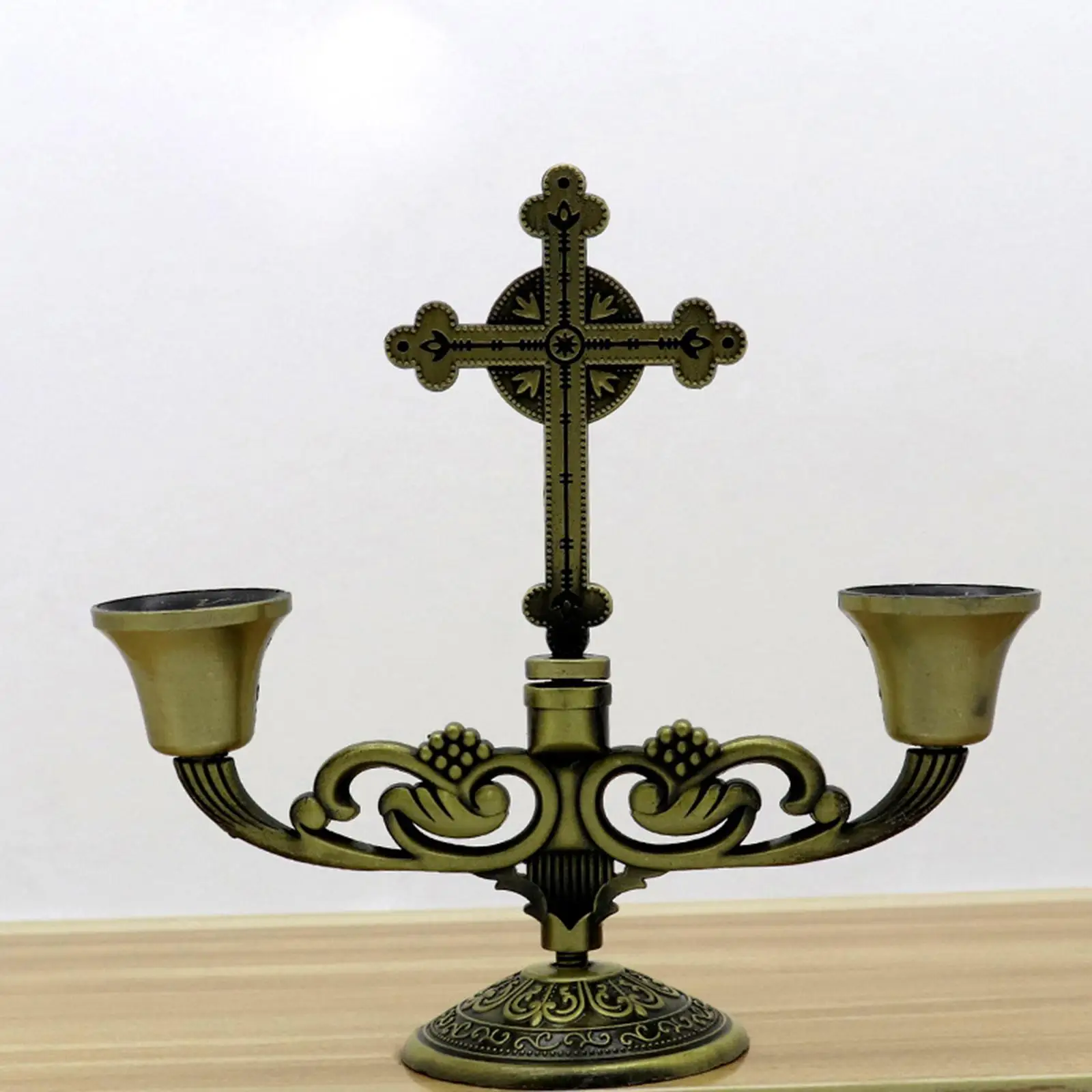 Rustic Metal Pillar Candle Holder 3 Arm Candelabrum with Cross for Church Wedding Centerpiece Home Table Decor Religious