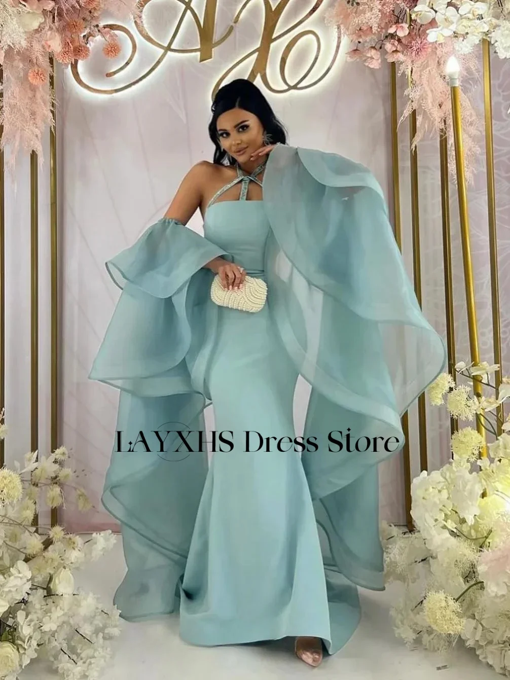 LAYXHS Abiti da sera alla moda con scollo all'americana Sirena con perline Manica rimovibile con volant Abiti da ballo lunghi fino al pavimento Personalizzati