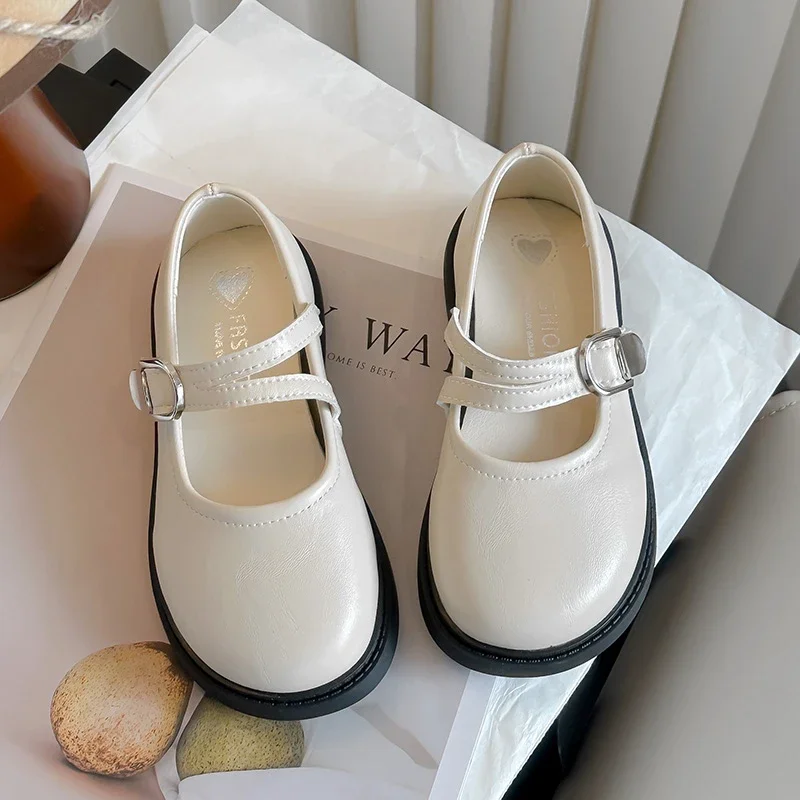2025 New Kids Leather Shoes Black Beige Versatile Mary Jane Shoes for Girls Thick Bottom Simple Children Causal Princess Shoes