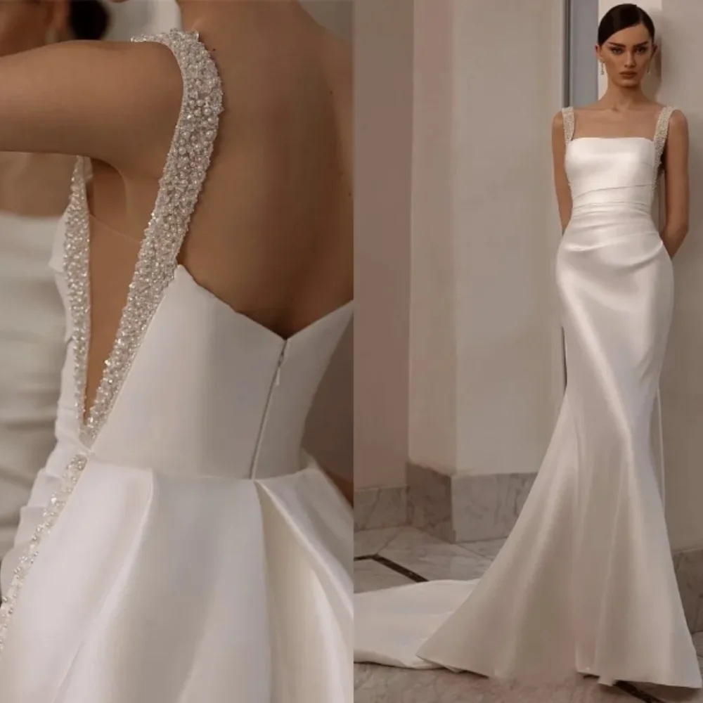 Vestido De Novia De sirena De satén De seda elegante, tren desmontable, correas brillantes, cuentas, Vestidos formales De Novia elegantes